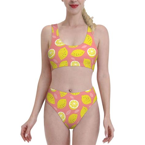 High Waisted Bikini Sets For Women - Cute Lemon Pink Leaves 2 Piece ...