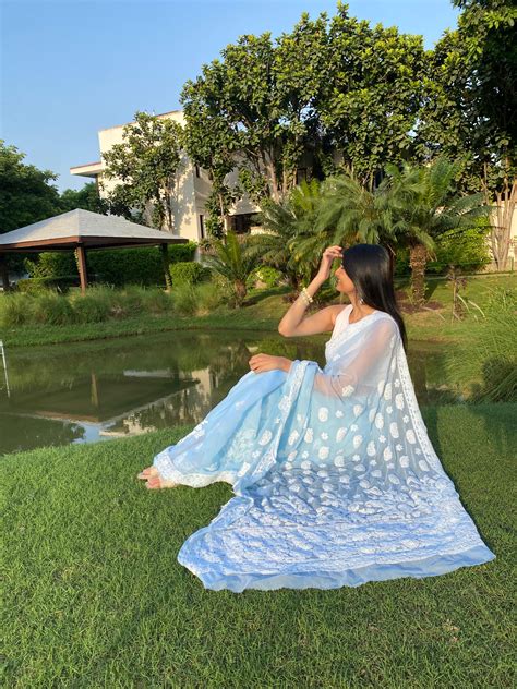 Blue Chikankari embroidered saree