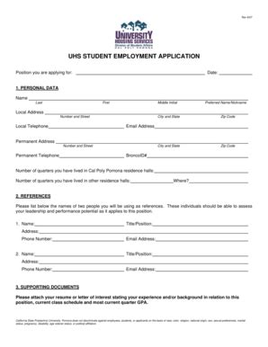 Fillable Online dsa csupomona UHS Student Employment Application - Cal ...
