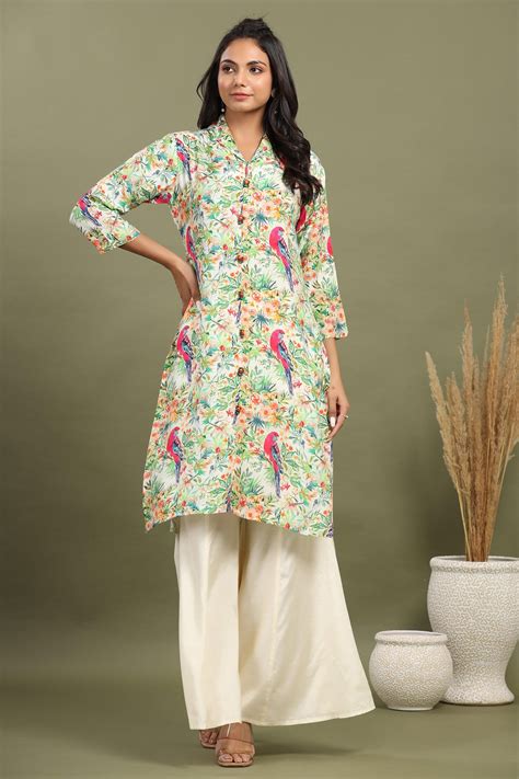 Buy Off White Scenic Birds Printed Kurta With Flared Pants - Where ...