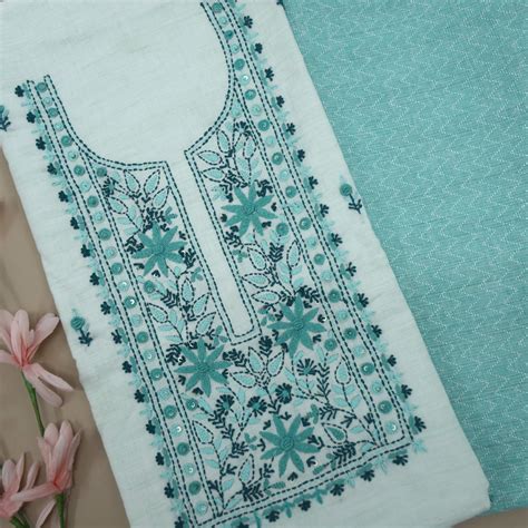 Fulkarrie Fern Green Embroidered Neck Work Cotton Linen Top with Cotto ...