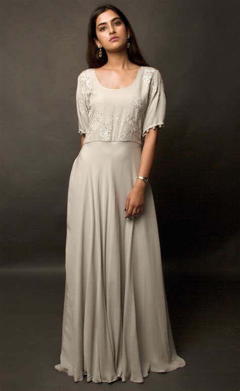 Steel Grey Flared Gown with Embroidered Yoke - Jasmine Bains
