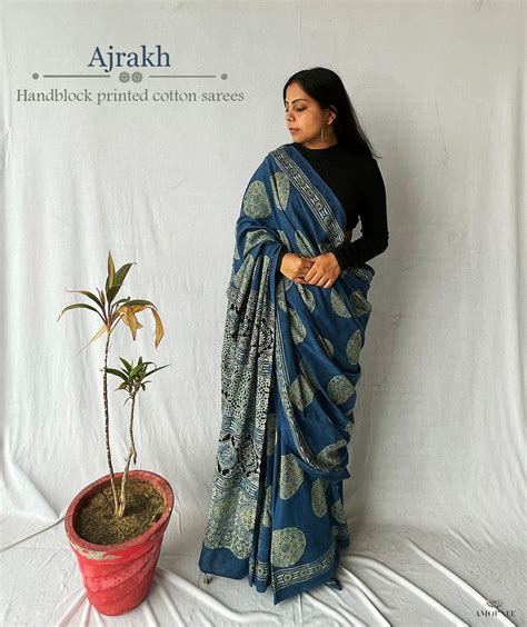 Buy authentic Ajrakh cotton handblock printed saree online-AMOUNEE ...