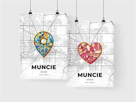 Art Map of Muncie Indiana, Minimal Art Map With A Colorful Icon – HEBSTREIT