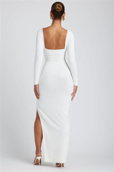 Marcela Modal Plunge Neck Long Sleeve Maxi Dress in White | Oh Polly