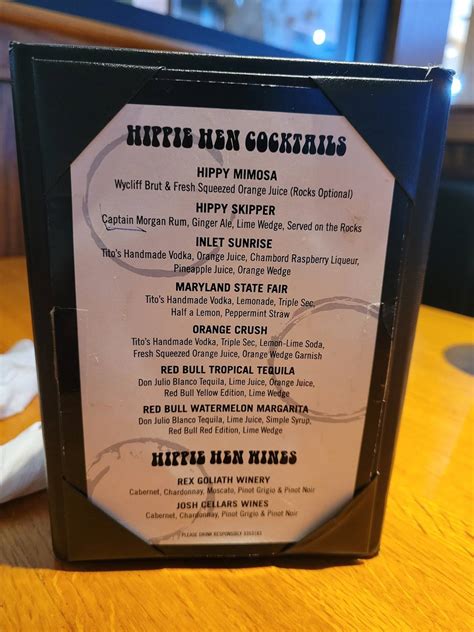 Menu at Hippie Hen House restaurant, Murrells Inlet, US-17 BUS