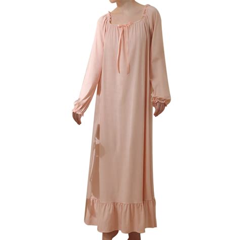 Womens Nightgown Crew Neck White Loose Lightweight Long Sleeve Rushed ...