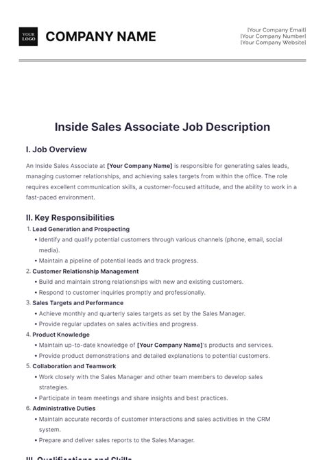 Free Inside Sales Associate Job Description Template to Edit Online