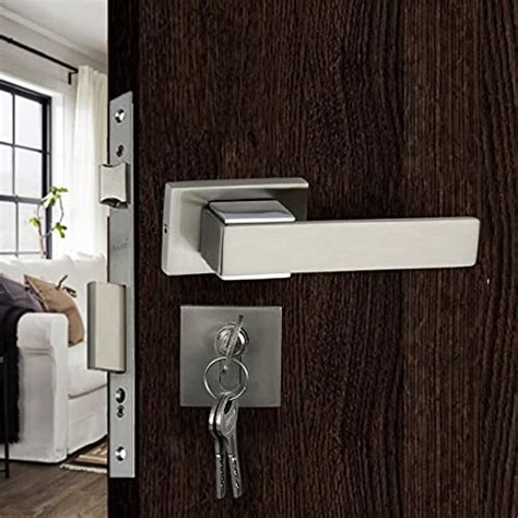 Mortise Rose Door Handle Set with Lock Body, 3 Keys, Silver Satin Fini ...