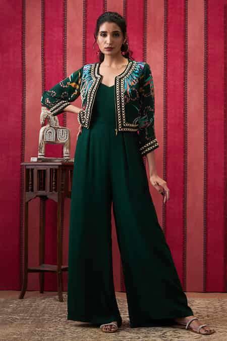 Buy Green Crepe Embroidery, Beads Open Neck Aisha Plain Jumpsuit With ...
