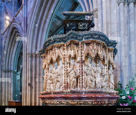 Ornately carved alabaster Victorian nave pulpit designed by George Gilbert Scott in Worcester ...