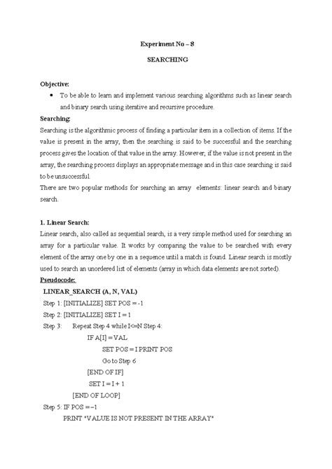 8 Searching - lab - Experiment No – 8 SEARCHING Objective: To be able ...