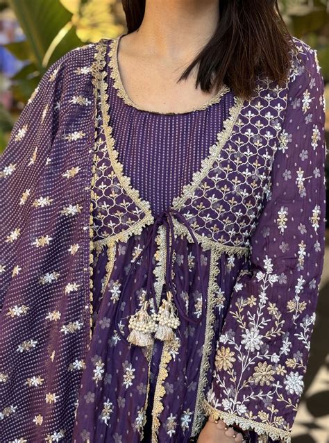 Mulmul Banarsi Nyah Purple Short Anarkali Kurta With Mulmul Banarsi Ny