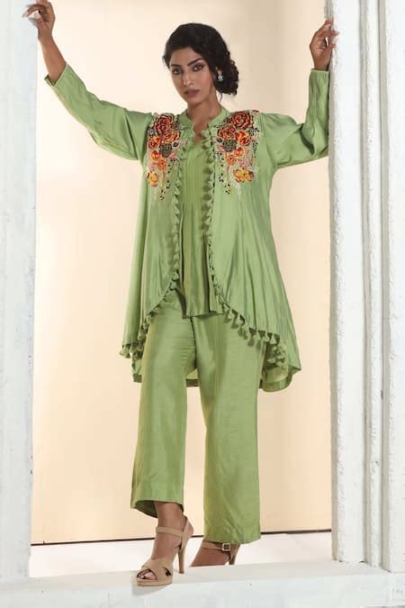 Buy Green Chanderi, Denim Embroidery, Tassels Asymmetric Jacket With ...