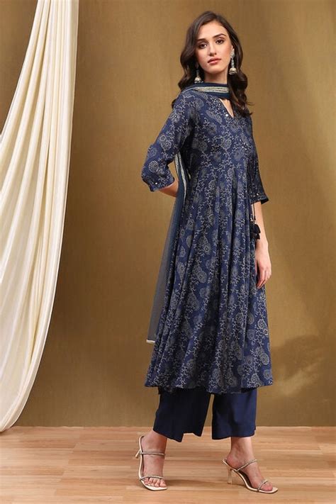 Navy Blue Printed Angrakha Style Anarkali Suit Set at Biba India