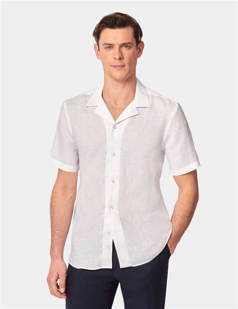 Men's White Pure Linen Slim Short Sleeve Shirt - Revere Collar | Hawes ...