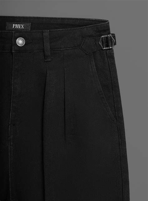 Black Denim Pleated Wide Leg Buckle Flare Jean & Phix
