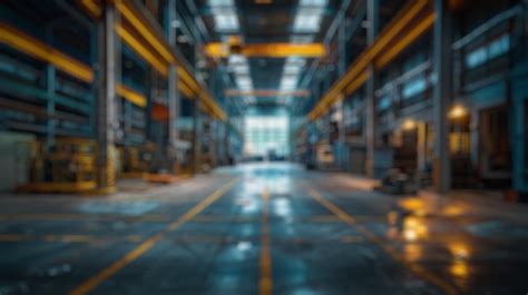 Blur background of industrial warehouse interior with high ceilings ...