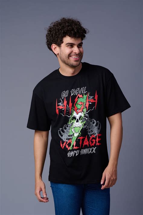 High Voltage Black Oversized T-Shirt for Men by Go Devil