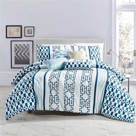 ESCA 7-Piece Nadifa Blue Geometric Comforter Bedding Set - OEKO-TEX Standard 100, Breathable ...
