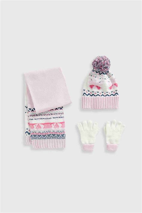 Mothercare Girls Pink Knitted Hat, Scarf and Gloves Gift Set - White