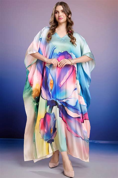 Blue Petal Grace Soft Satin Kaftan with Digital Print – Label Aarna
