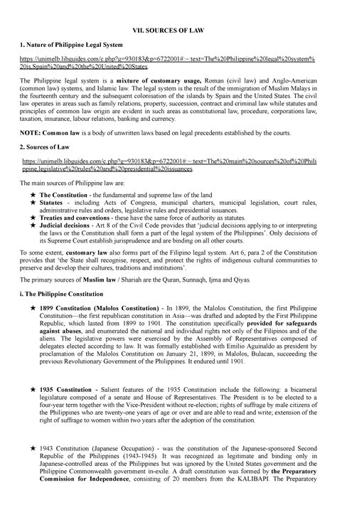 Sources of Law - Good - VII. SOURCES OF LAW Nature of Philippine Legal System - Studocu
