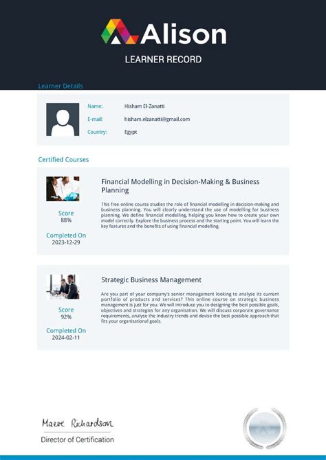 I achieved and completed the "Strategic Business Management" course ...