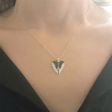 14K Real Solid Gold Elegant Double Angel Wings and Heart Shape Memorial Personalized Forever ...