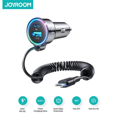 Promo JOYROOM CL07 Car Charger 3in1 60W with Coiled Type C Cable ...
