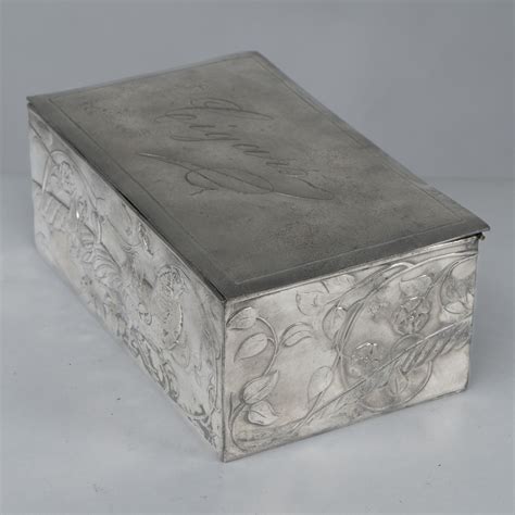 An Art Nouveau continental pewter cigar box w. cedar lining and decor ...