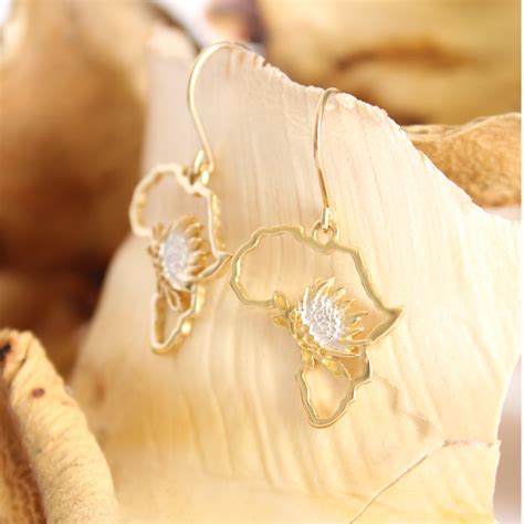 Map of Africa Yellow Gold and White Gold Plated Protea Drop Earrings – Afrogem Jewellers