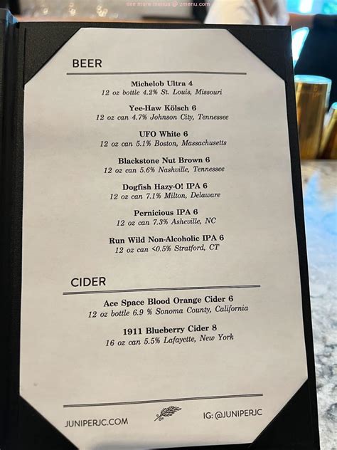 Menu at Juniper pub & bar, Johnson City