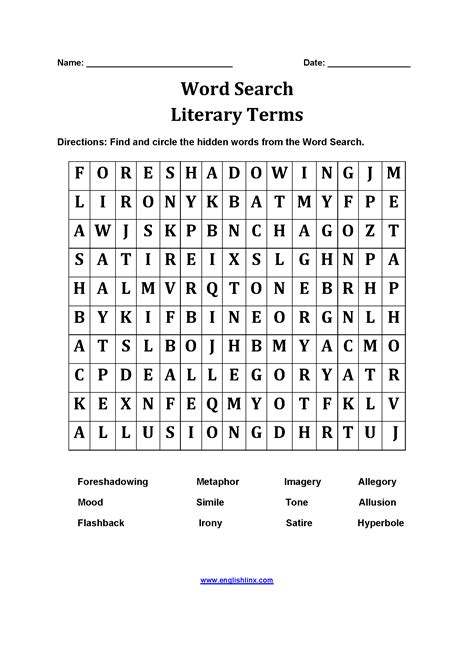Word Search Worksheets | Literary Terms Word Search Worksheets