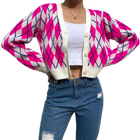 EYIIYE Women Argyle Pattern Cardigan Sweater Button Down V Neck Long ...