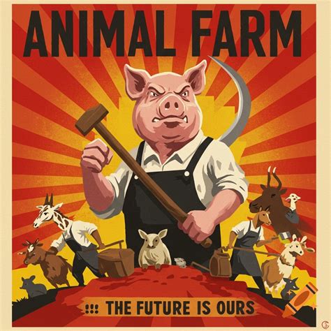 An animal farm propaganda poster depicting a pig holding a hammer and ...