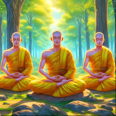 Three monks sitting in meditation position in a forest - SeaArt AI