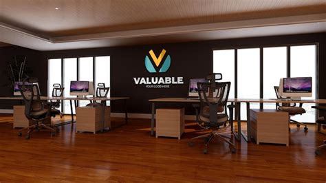 Psd 3d company logo mockup in the office workspace with wood theme ...