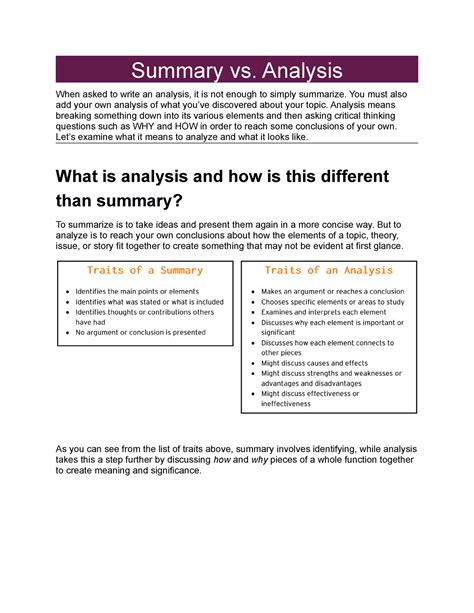 Analysis Vs. Summary - Summary vs. Analysis When asked to write an ...