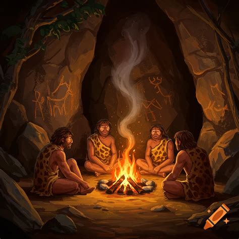 Illustrated scene of cave people sitting around a campfire inside a ...