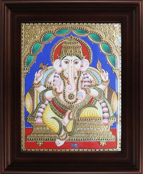 "Mantap Ganesha Tanjore Painting 3": Yellow Orange Tanjore Traditional ...