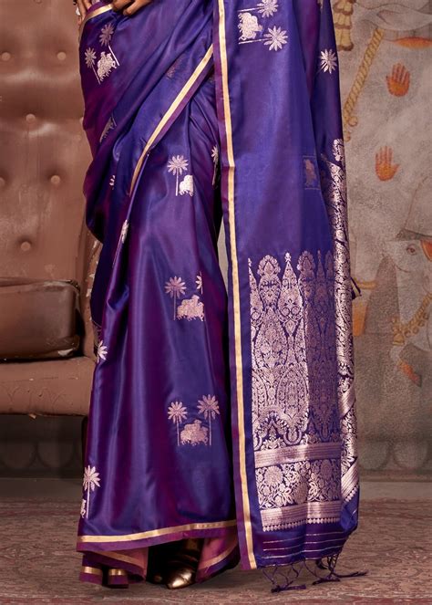Pure Handloom Banarasi Satin Silk Violet Purple Saree Online India – Sunasa