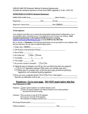 OSHA N95 Respirator Medical Evaluation Questionnaire - Blank Fillable ...