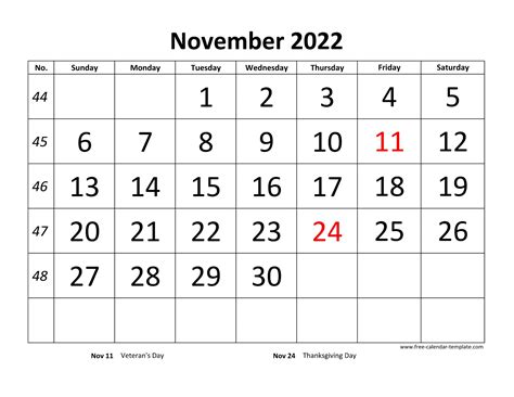 November 2022 Calendar designed with large font (horizontal) | Free ...