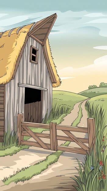 Cartoon illustration of a barn with a gate and a dirt road | Premium AI ...