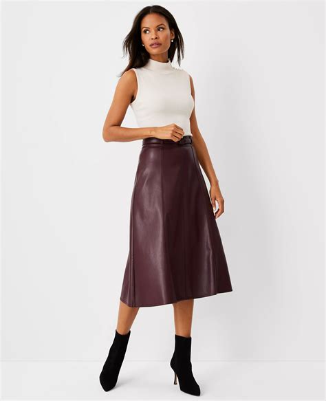 Petite Belted Faux Leather Midi Skirt