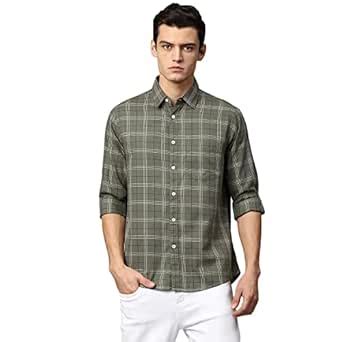 Dennis Lingo Men's Olive Checkered Slim Fit Cotton Casual Shirt (L ...