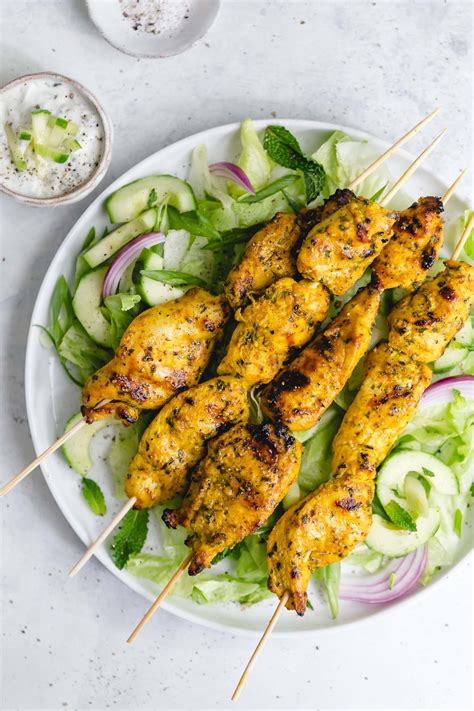 Grilled Chicken Skewers with Indian Marinade and Cucumber Raita | Andie ...