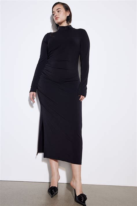 Gathered Mock Turtleneck Dress - Turtleneck - Long sleeve - Black ...
