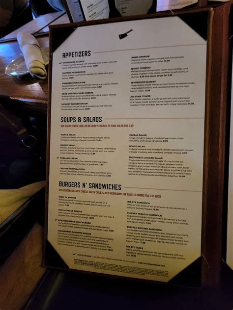 Menu at West Texas Chophouse steakhouse, El Paso